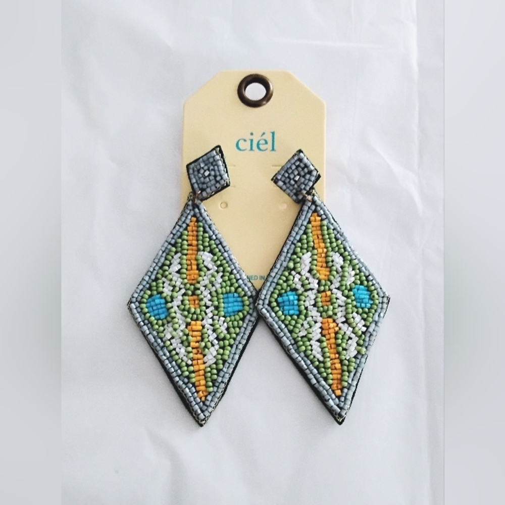 Geometric Beaded Earrings - Blue, Green, Orange